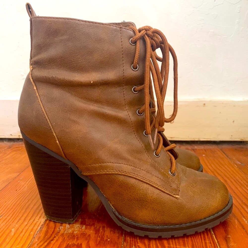 Brown Lace Up Booties - Vegan Leather 7.5